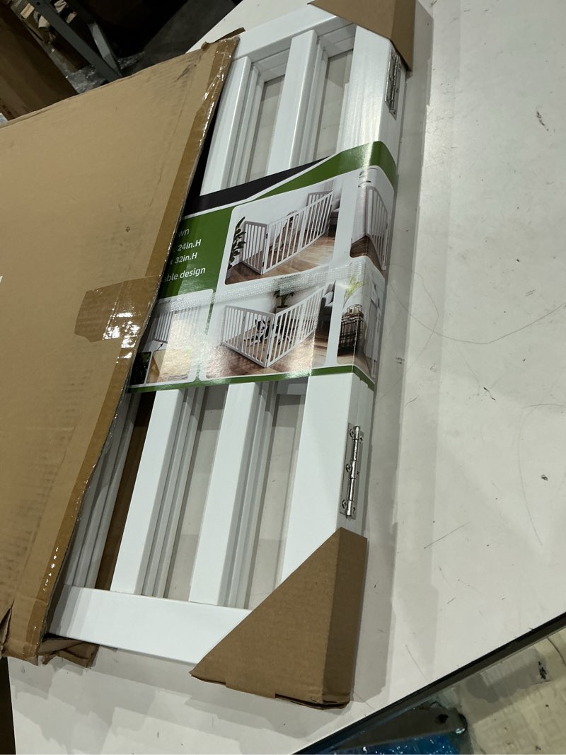 Condition photo showing Good Condition for dog gate indoor, freestanding dog fence for the house, doorways, hallways,or stairs,pet gate foldable wooden,expandable 24" height 3 panels,white ?3 panels?60‘’w x 24''h white