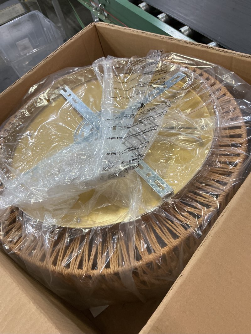 Condition photo showing Good Condition for Rattan Light Fixtures Ceiling Mount,4-Lights Boho Flush Mount Ceiling Light with Hand-Woven Shade, 18''Rattan Farmhouse Chandelier for Hallway Bedroom Kitchen Farmhouse Foyer Entryway (Gold) Gold Large