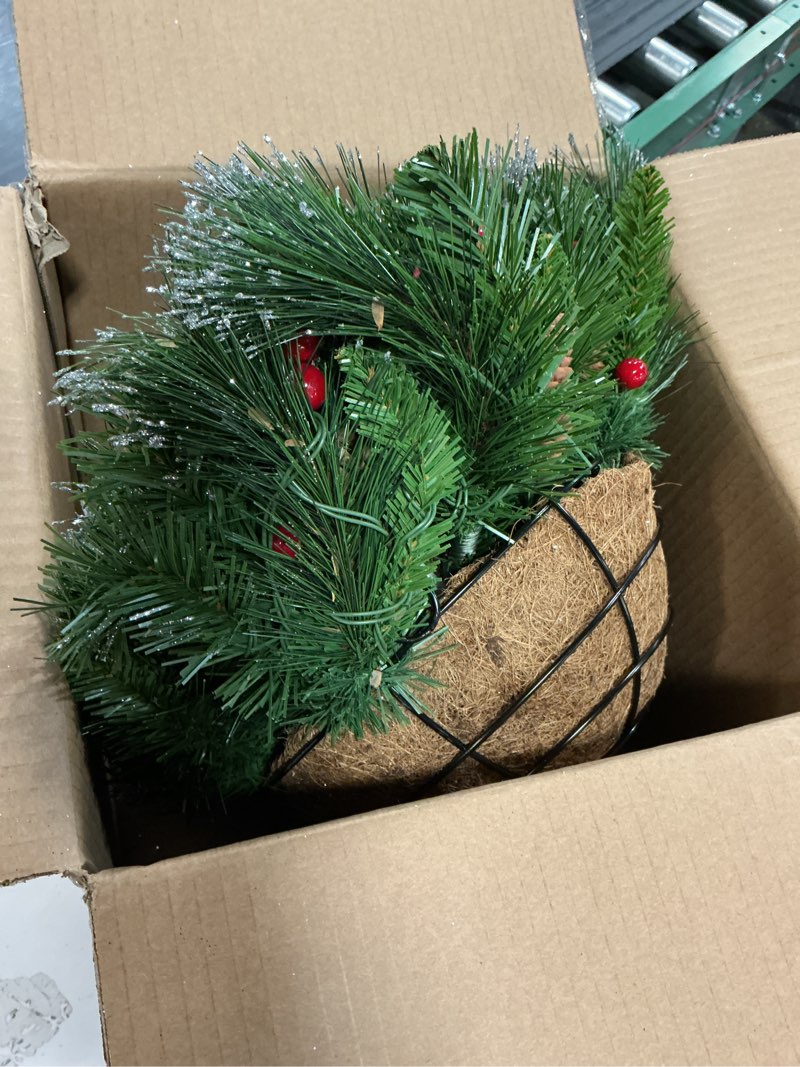Condition photo showing Good Condition for National Tree Company Pre-Lit Artificial Christmas Hanging Basket, Crestwood Spruce, Decorated With Frosted Pine Cones, Berry Clusters, White Lights, Christmas Collection, 16 Inches