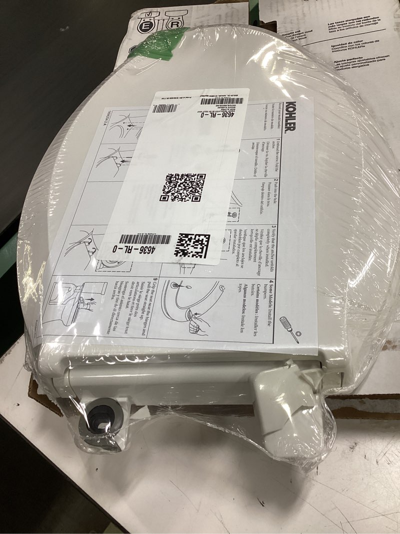 Condition photo showing As Is for kohler 4636-rl-0 cachet readylatch elongated toilet seat slow close, soft close toilet seat quiet lid, contoured grip-tight bumpers installation hardware, apartment essentials, white white elongated ready latch