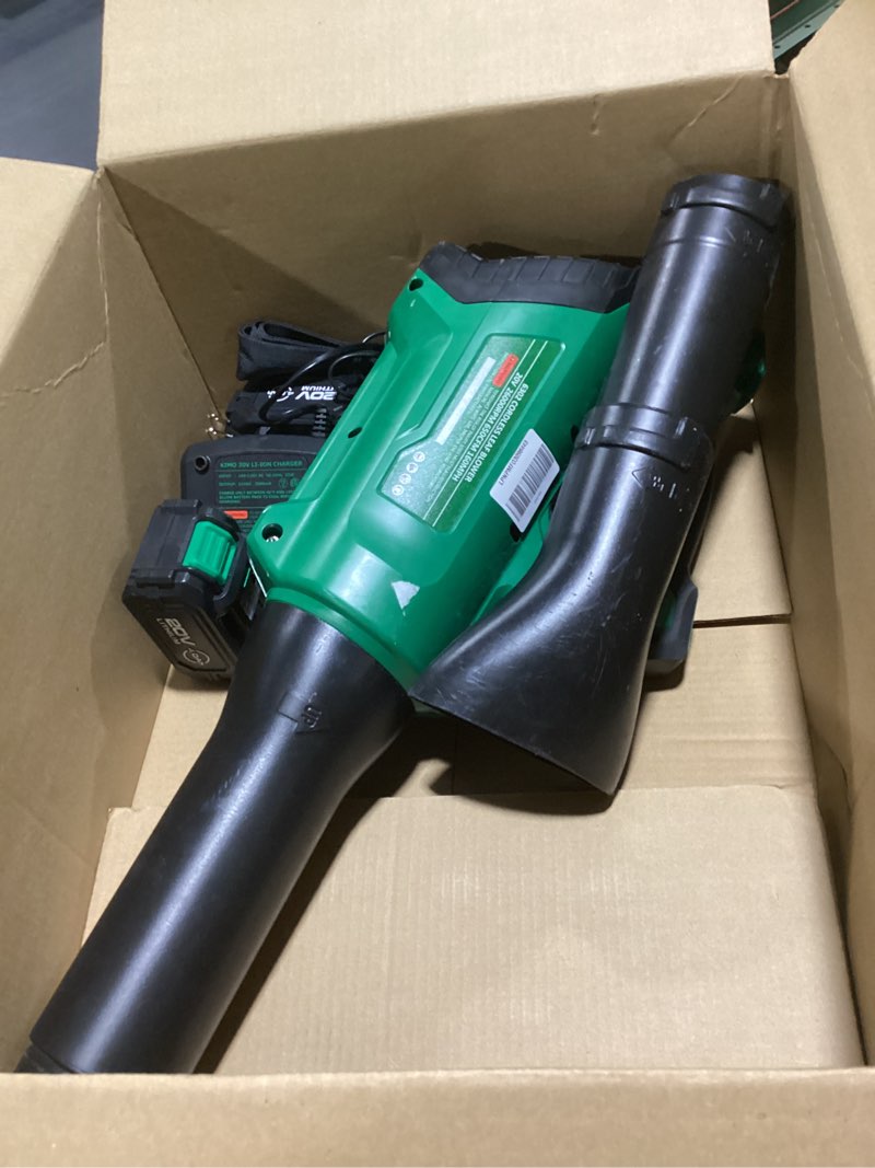 Condition photo showing Good Condition for kimo cordless leaf blower with battery and charger, 750cfm 220mph, 4 speeds w/turbo mode, brushless motor, 3 extended tube, 2x4.0ah battery powered leaf blowers for lawn care patio cleaning wet leaves 750 cfm*2 battery
