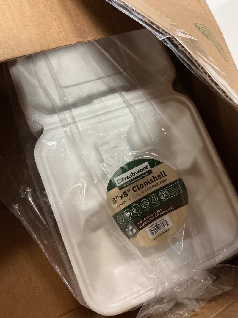 Condition photo showing New/Like New for freshware compostable clamshell food containers [8x8"] 3-compartment 50-pack, disposable containers, biodegradable sugarcane to go boxes - paper food containers - microwave & freezer safe, stackable 8 x 8 inch [50 pack]