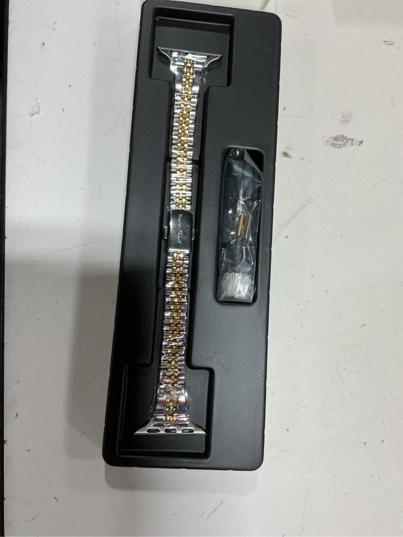 Condition photo showing New/Like New for slim watch band for apple watch series 11, 10, 9, 8, 7, 6, 5, 4, 3, 2, 1 and se 3/2/1 for women, dressy stainless steel metal band for apple watch 40mm 41mm 42mm 38mm 44mm 45mm 46mm for iwatch band silver gold two tones 42mm(series 10/11) & 41/40/38mm