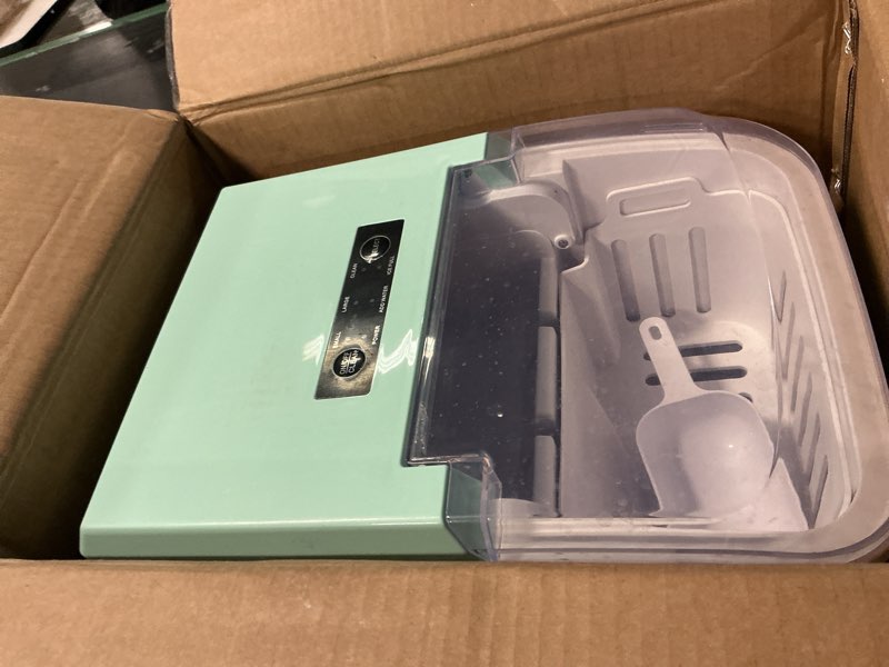 Condition photo showing As Is for NEWBULIG Ice Makers Countertop with Handle, Portable Ice Machine, 9 Bullet Ice Cubes in 6 Mins, 26lbs in 24Hrs, Auto-Cleaning, with Basket and Scoop, for Home, Kitchen, RV, Camping, Green Green Handle 12.5"*11.6"*8.8"