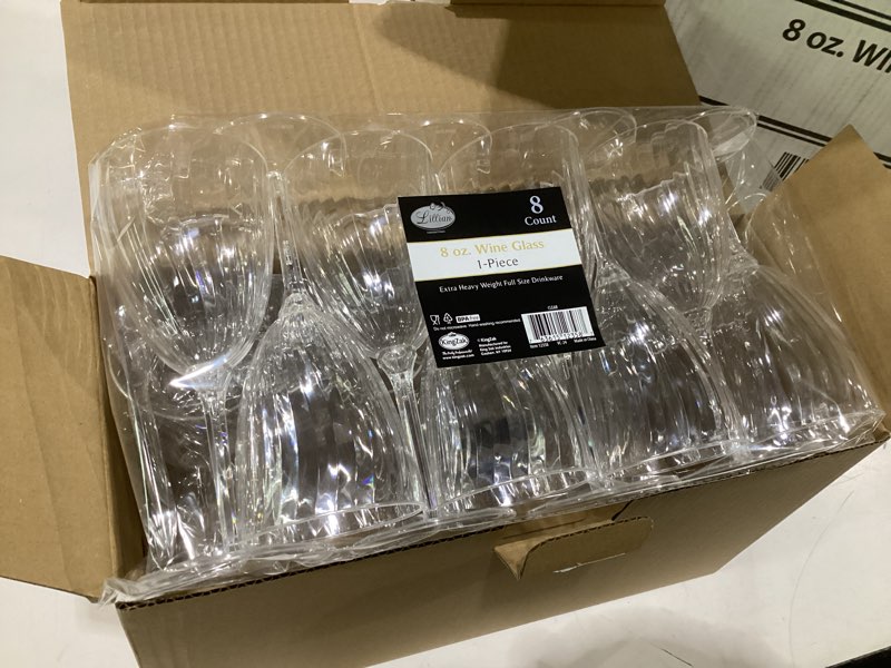 Condition photo showing Good Condition for lillian tablesettings 96 pack stemmed plastic wine glasses, 8 oz – elegant crystal-clear disposable wine glasses, shatterproof premium hard plastic cups for weddings, parties & special events wine glasses - 96 count