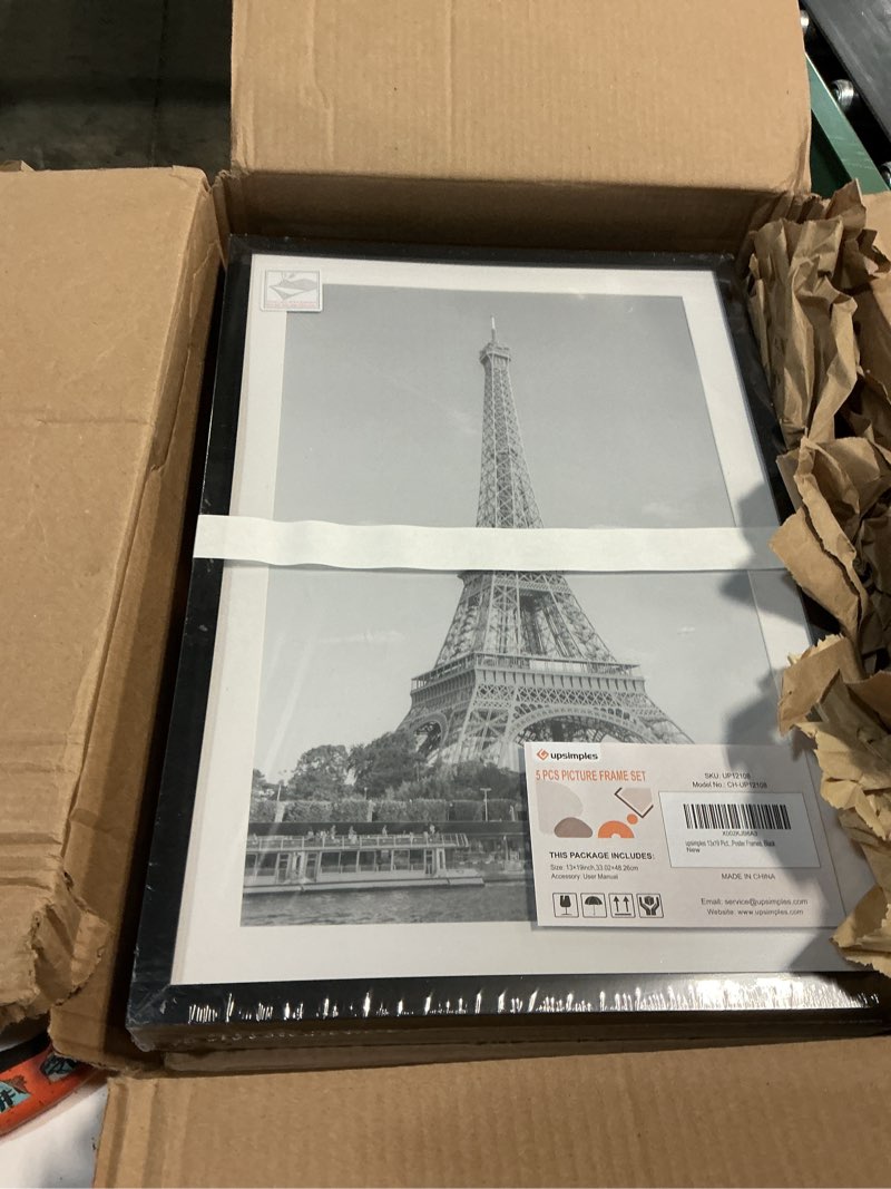 Condition photo showing New/Like New for upsimples 13x19 picture frame set of 5, display pictures 11x17 with mat or 13 x 19 without, wall gallery poster frames, black black 13x19