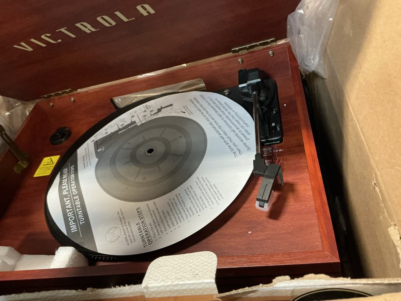 Condition photo showing As Is for victrola the quincy 6-in-1 bluetooth record player & multimedia center with built-in speakers – 3-speed turntable, cd & cassette player, am/fm radio, wireless music streaming (mahogony) mahogany record player