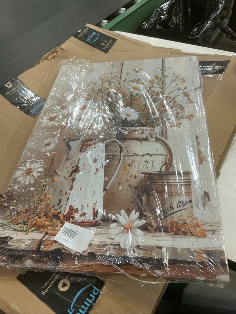 Condition photo showing Good Condition for 1pcs framed rustic farmhouse floral daisy canvas wall art vintage country flower pictures wall decor wood grain paintings posters prints bathroom bedroom livingroom rustic decor artwork16x24in 16x24in canvas