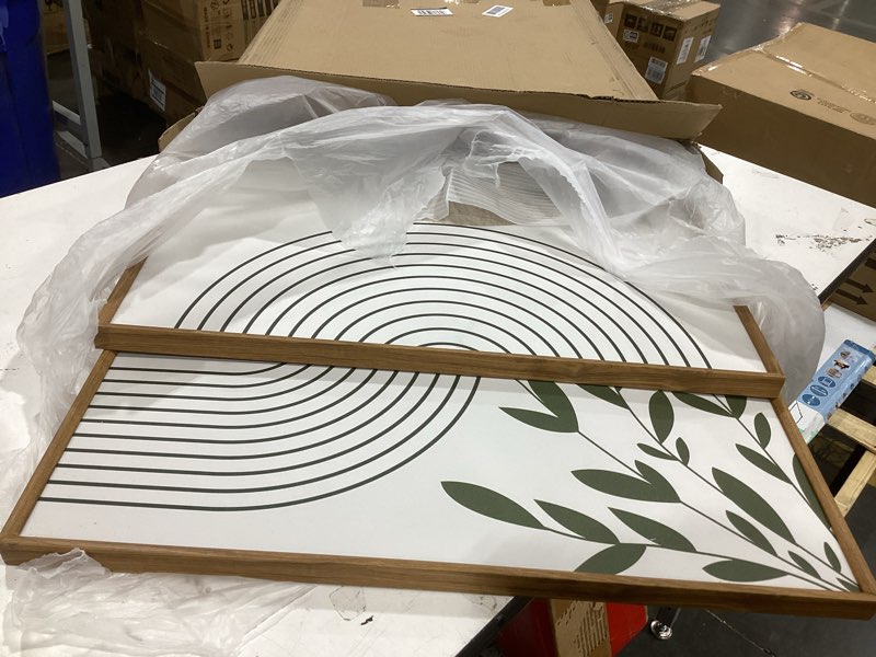 Condition photo showing As Is for yeehomedec boho sage green framed canvas wall art, 2 pack, mid century modern wall decor, large minimalist art print, abstract geometric leaf art painting for bathroom living room bedroom office 16\"x24\"x3 green sage 36\"l x 24\"w