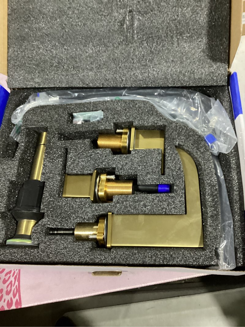 Condition photo showing Good Condition for qfn lead-free bathroom faucets, 2 handle bathroom sink faucet with pop-up drain and supply lines, suitable for vanity basin, vanity, laundry room and restroom, waterfall, brushed gold waterfall brushed gold