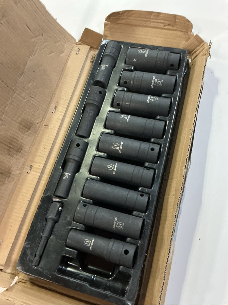 Condition photo showing Good Condition for ( incomplete) 14-Piece 1/2-Inch Super-Rugged and Durable Impact Socket Set, Well-Made Industrial Grade Thicker Metric Deep Sockets & Socket Sets with Drill Socket Adapter 1/2 Drive, exceed than ANSI 14-Piece Metric Drive Impact Socket Set