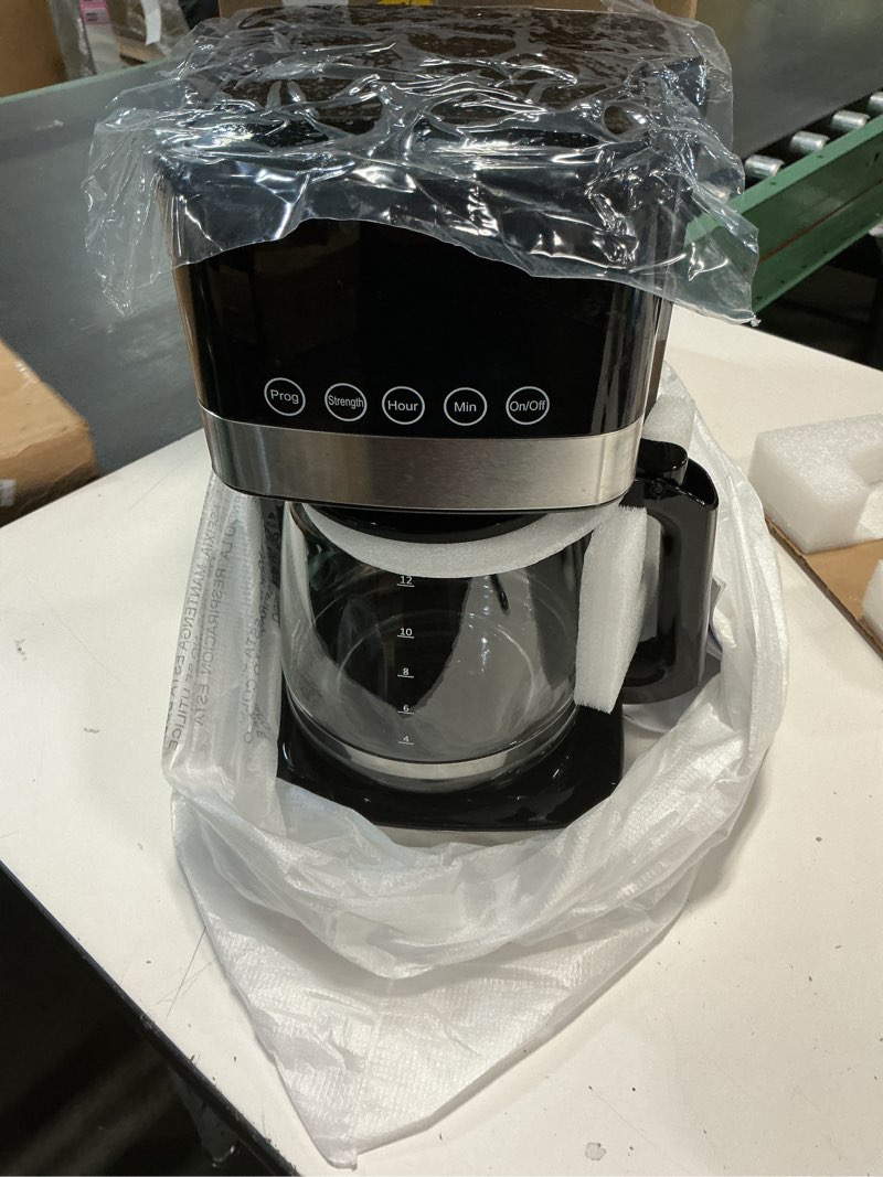 Condition photo showing Good Condition for Amazon Basics Programmable 12 Cup Drip Coffee Maker, Coffee Machine with Glass Coffee Pot (1.9 Qt), Auto Shut-off, Touch Screen, Auto Pause, Removable Filter Basket, Black & Silver 12-Cup Programmable - New Model