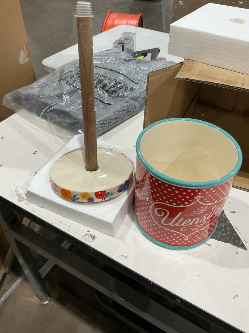 Condition photo showing Good Condition for the pioneer woman flea market stoneware turquoise paper towel holder and crock
