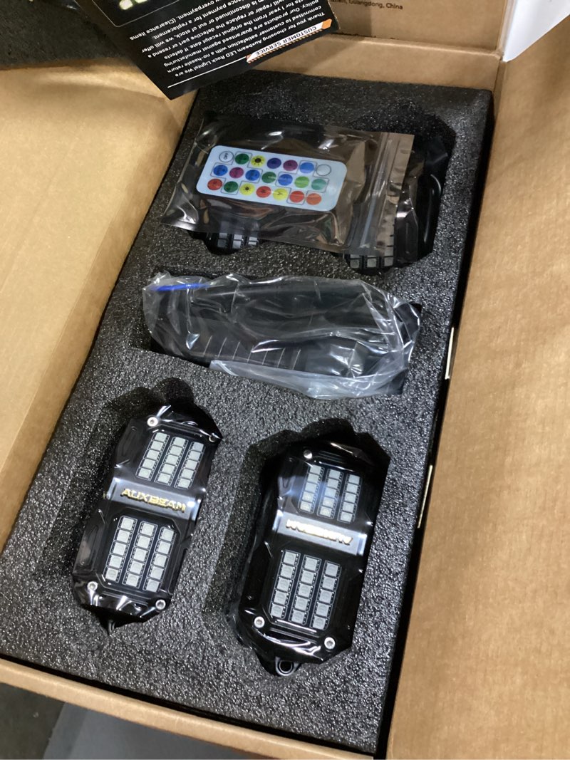 Condition photo showing Good Condition for auxbeam 4 pods rgb led rock lights dynamic color changing with brake mode wheel well lights w/bluetooth app+remote control music voice sync ip67 waterproof underglow kit for trucks atv 2 year warranty rgb-4 pods