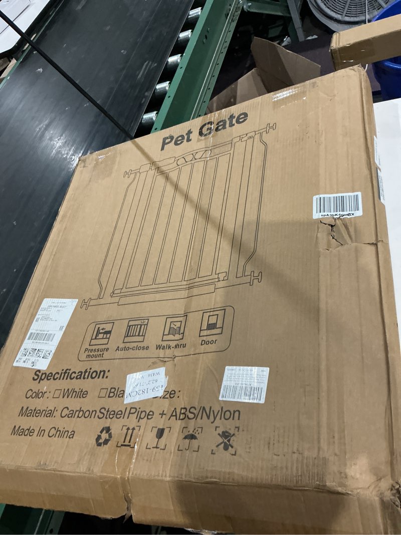 Condition photo showing New/Like New for extra wide dog gate for doorways 62.6-72 in, walk through long baby gates for large openings, no drill child safety gate for pets kids toddler, doggy barrier indoor metal, 30" tall white white 62.6"-72.0"