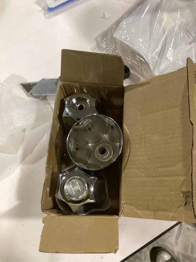 Condition photo showing As Is for **center pieces missing**Dreyoo 3 Piece Metal Shower Knob Replacement Compatible with Price/Pfister Verve Tub Shower, Bathtub Faucet Handle Remodel Trim Kit Include 1 Hot 1 Cold 1 Diverter and 3 Screws(Polished Chrome)