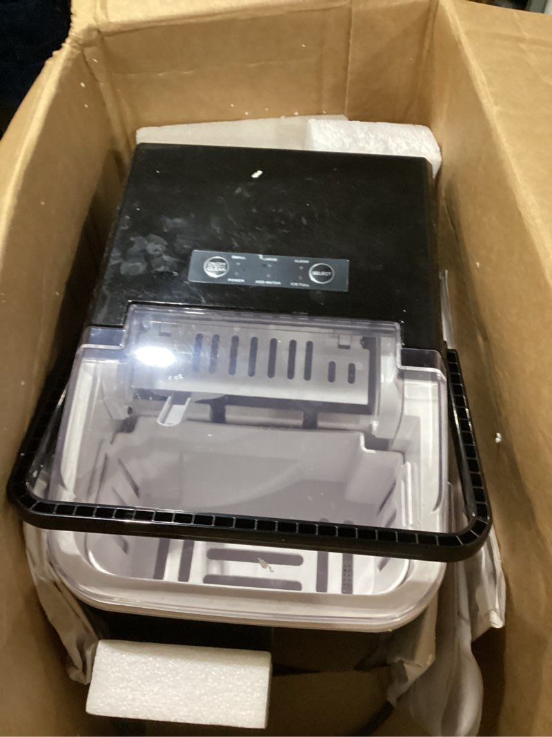 Condition photo showing As Is for not tested newbulig ice makers countertop with handle, portable ice machine, 9 bullet cubes in 6 mins, 26lbs in 24hrs, auto-cleaning, with basket and scoop, for home, kitchen, rv, camping, black black handle 12.5\"*11.6\"*8.8\"