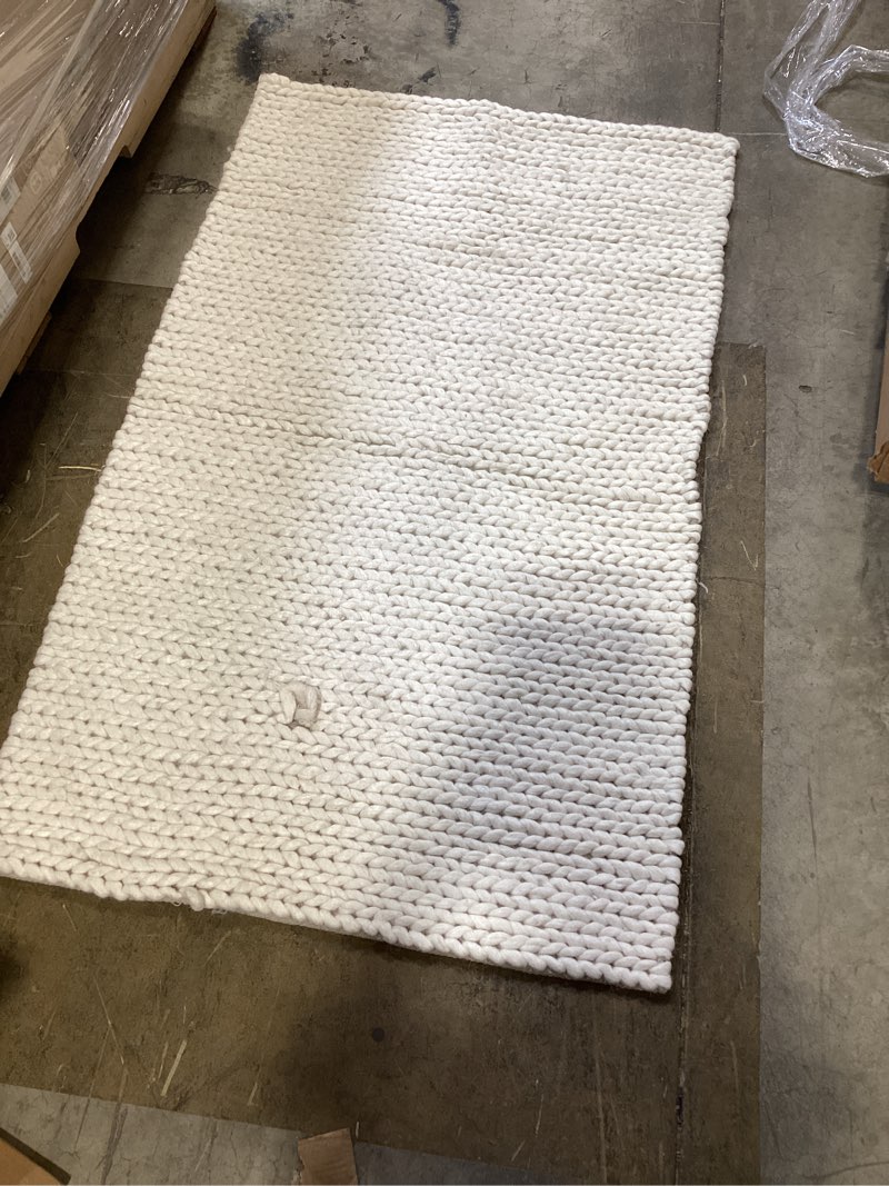 Condition photo showing As Is for frelish decor wool and jute premium handwoven chunky stripes rug - contemporary throw rug for bedroom entryway kitchen (3' x 5' - natural ivory) 3' x 5' (rectangular) natural jute wool