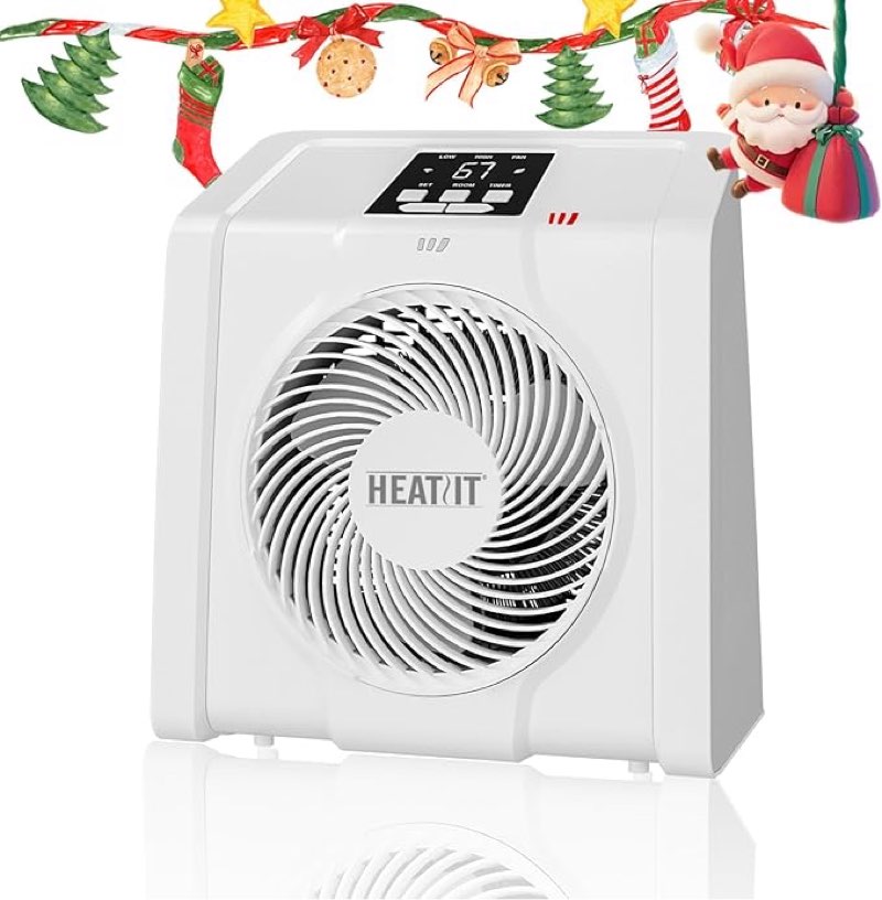 HEATIT Space Heater for Indoor, Digital Display with Thermostat,1-12H Timer,Fan Mode,1500W/750W,Electric Space Heater for Office, Bedroom,White,10.6"Dx7.0"W x 11.8"H