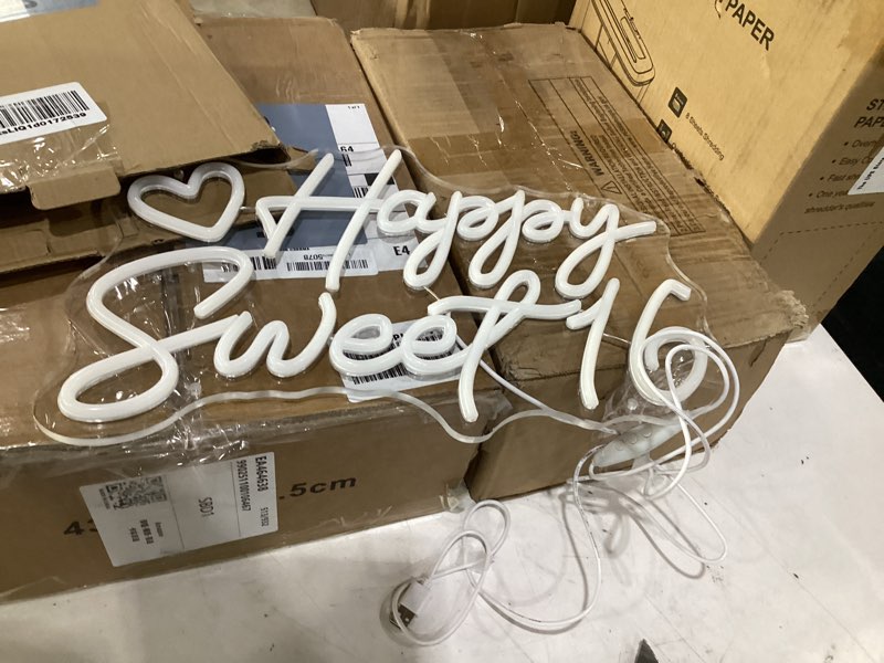 Condition photo showing As Is for sylhome happy sweet 16 led neon light sign happy 16th birthday party backdrop wall sign decor sixteen birthday banner 15.75" x 10.24" usb warm white sweet 16