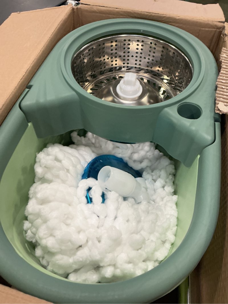 Condition photo showing Good Condition for Heavy-Duty Spin Mop and Bucket with Wringer Set, Steel Wringing Basket & Oversized Wheels, 360° Cleaning System with Adjustable Handle, Includes Scrubber Brushes for Hardwood Tile Floors.
