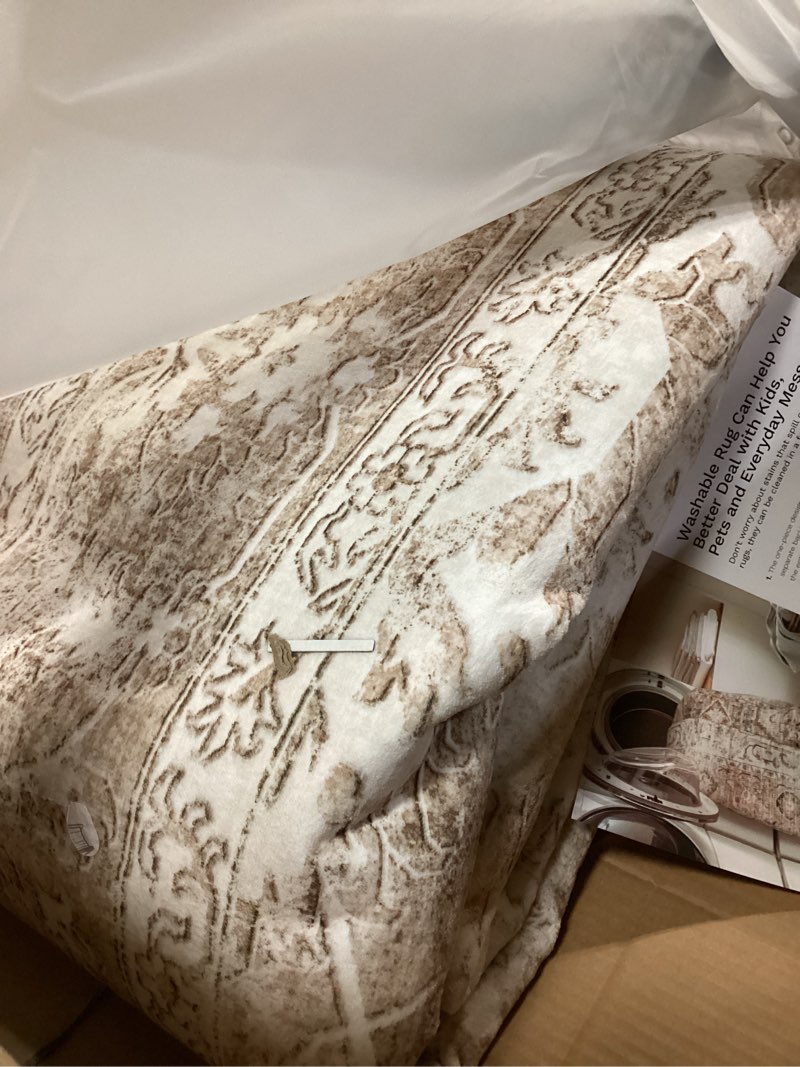 Condition photo showing Good Condition for madane 8x10 area rugs for living room, machine washable vintage neutral rug with non-slip backing, soft large throw rug, thin carpet for bedroom dining room farmhouse (8 x 10, beige/brown) beige/brown 8' x 10' (rectangular)