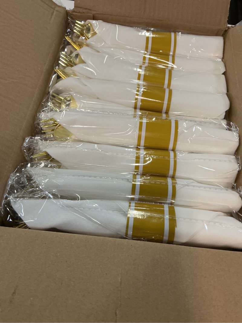 Condition photo showing New/Like New for cheerserve gold plastic silverware 50 guests,pre rolled silverware set wrapped plastic cutlery set