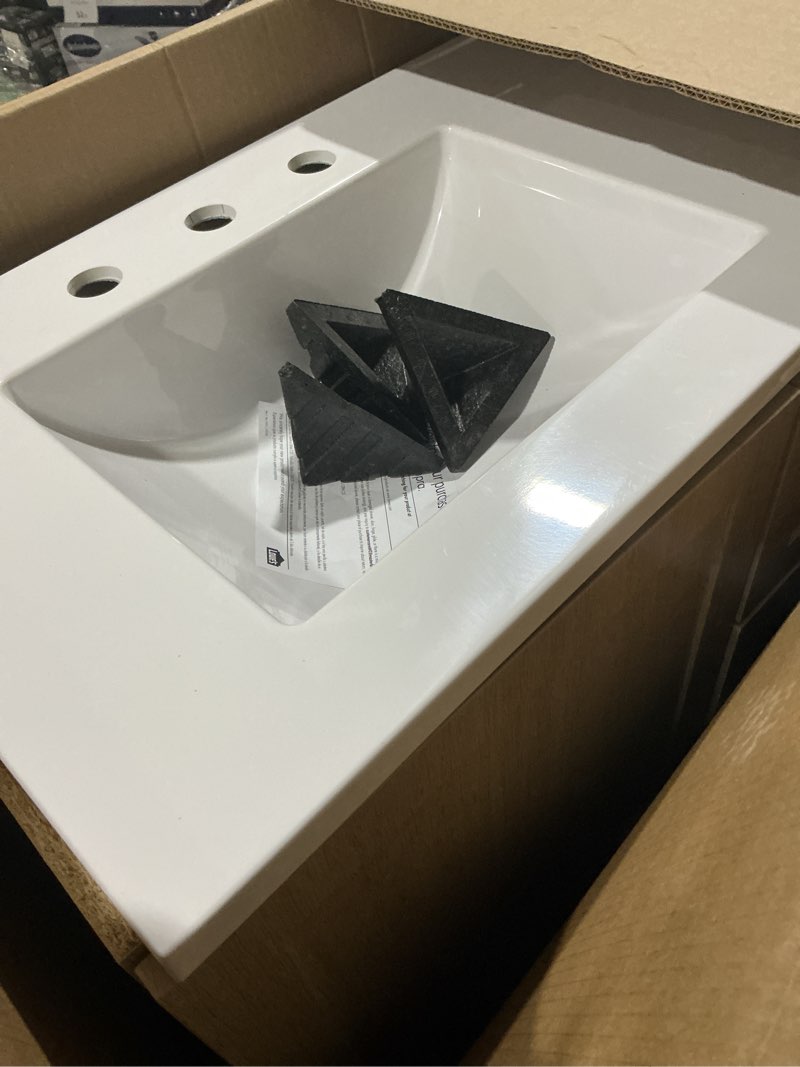 Condition photo showing As Is for project source davies 30-in beige oak single sink bathroom vanity with white cultured marble top