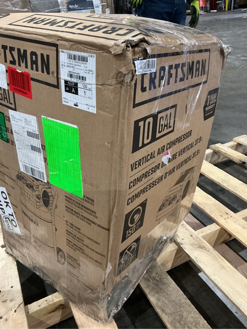 Condition photo showing Good Condition for craftsman air compressor 10 gallon, peak 1.8 hp, max 150 psi, 4.0cfm@90psi, 5.0 cfm@40psi, oil-free, portable air compressor with wheel, 120v, model: cmxecxa0331042