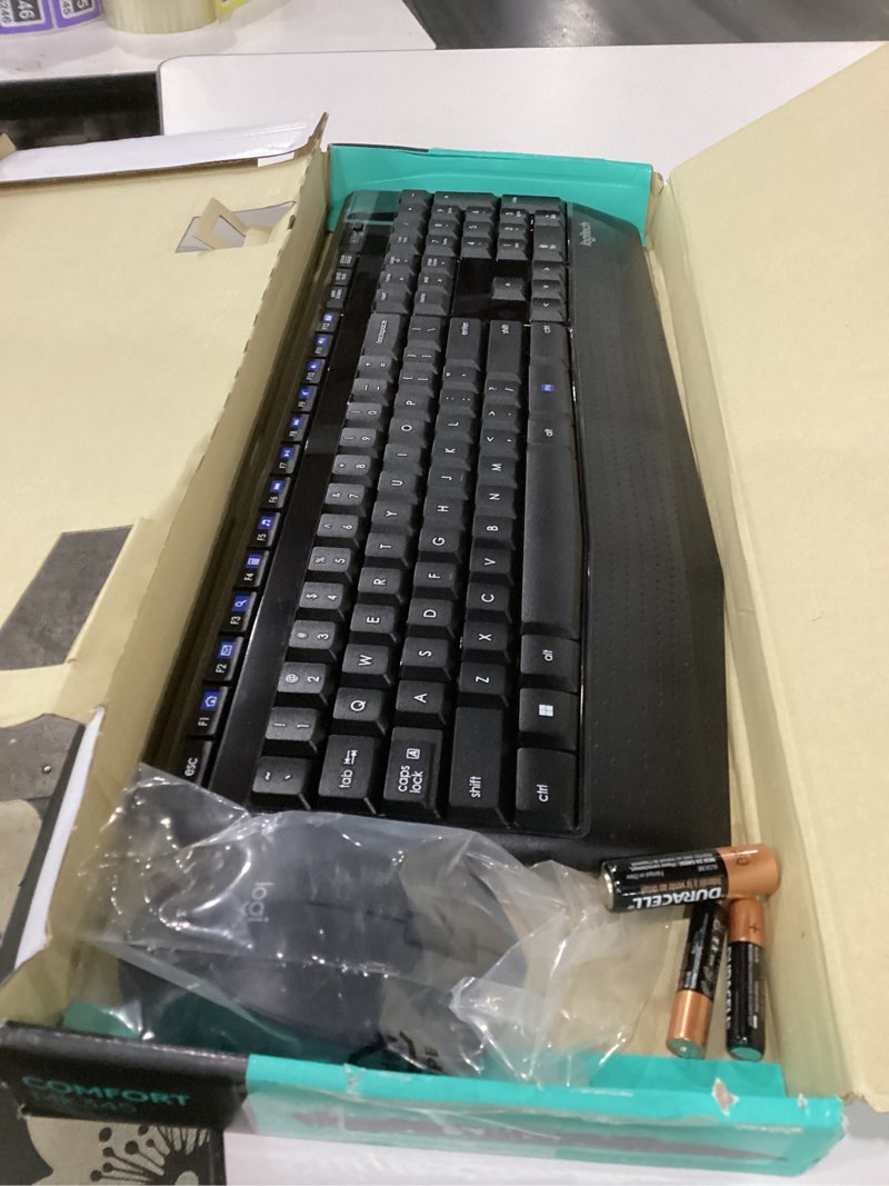 Condition photo showing As Is for logitech mk345 wireless keyboard and mouse combo with palm rest, 2.4 ghz usb receiver, compatible with pc, laptop, black combo 1 pack