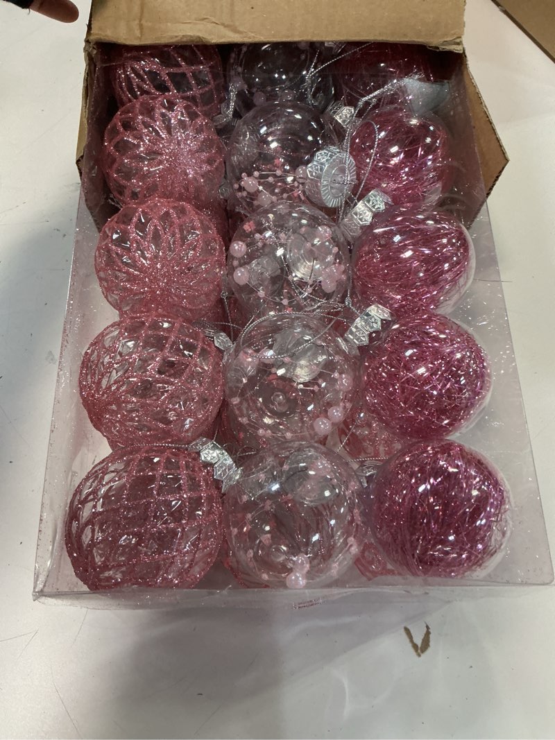 Condition photo showing New/Like New for 30 Pcs Clear Christmas Tree Ornaments Set, 2.36 Inch Pink Christmas Ornaments with Stuffed Shatterproof Plastic Decorative Balls Farmhouse Xmas Tree Decorations for Wedding Home Party Holiday