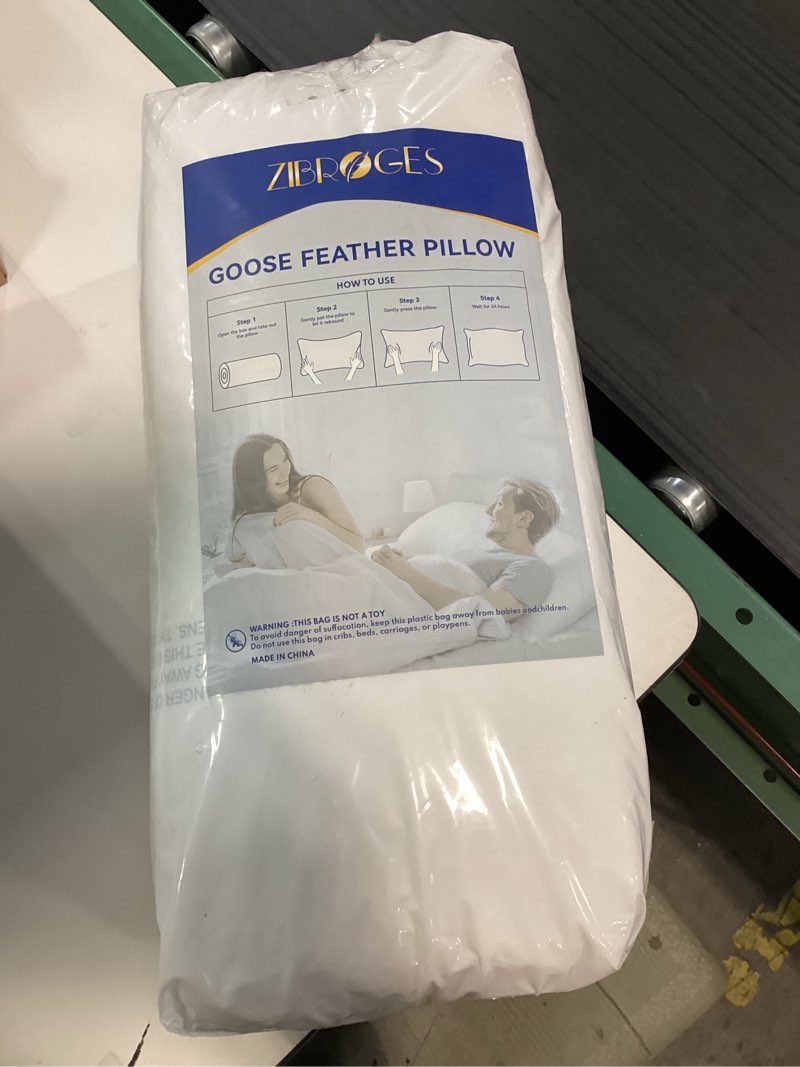 Condition photo showing New/Like New for Goose Feather Pillow Queen Size Set of 2 - Down Hotel Bed Pillows for Sleeping, Soft 600 Thread Count Cotton Cover, Fluffy Support Surround Fill Polyester for Back, Stomach, Side Sleepers Medium Queen Size Set of 2