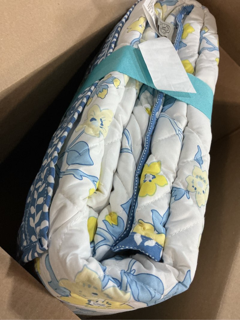 Condition photo showing New/Like New for martha stewart full queen size quilt bedding set - 3 piece, soft washed microfiber, printed bedspread, reversible, all season, 1 quilt, 2 standard pillow shams, white & blue, maribel floral print queen maribel floral vine