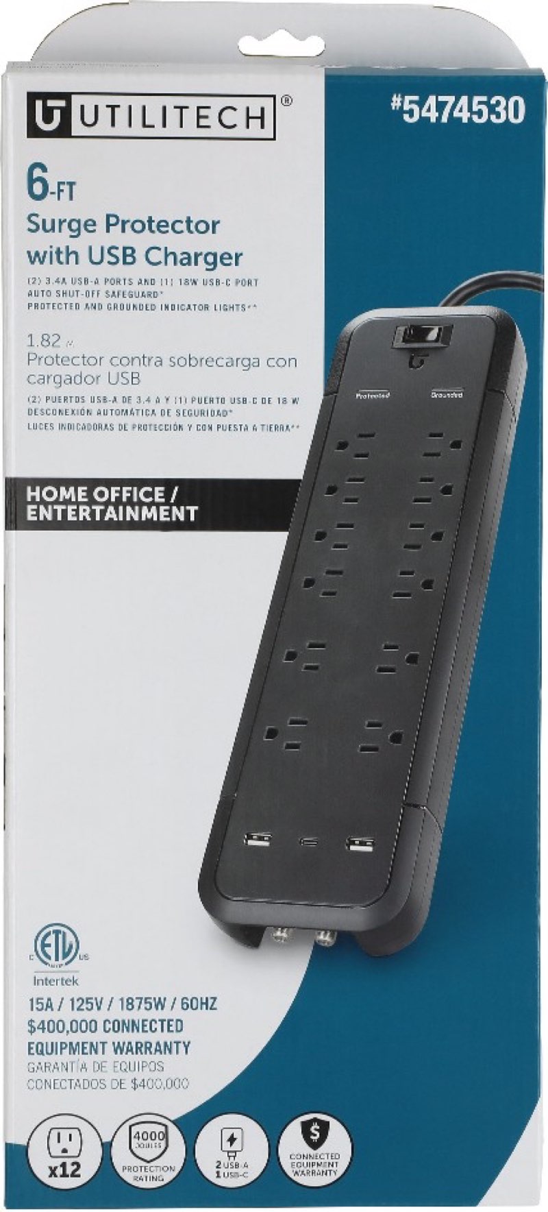 Extension Cords - Surge Protectors / Utilitech / 6-ft Surge Protection 12-Outlet 4000 Joules: 1875- Watts 1100VA Black Indoor USB AC Surge Protector