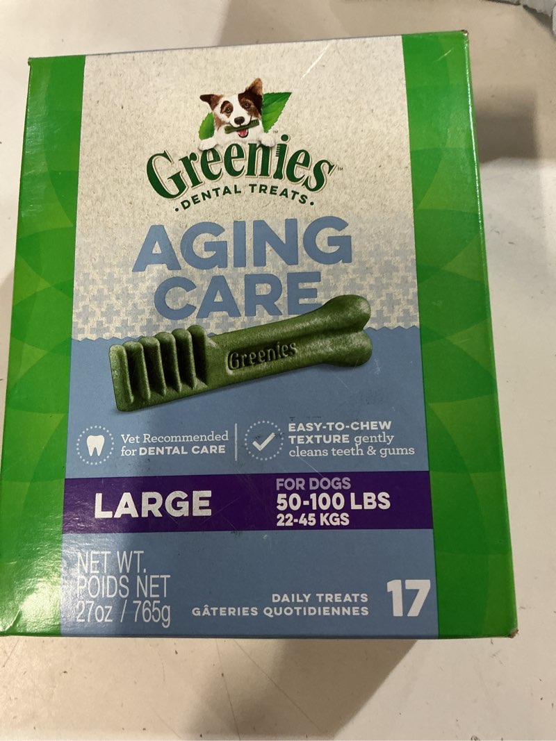 Condition photo showing New/Like New for Greenies Dental Treats for Dogs, Veterinarian-Recommended Aging Care Adult Natural Dental Dog Treats, Large Size, 27 oz. Pack, 17 Count Aging Care 17 Count (Pack of 1)(  BB27/OCT/25) 
