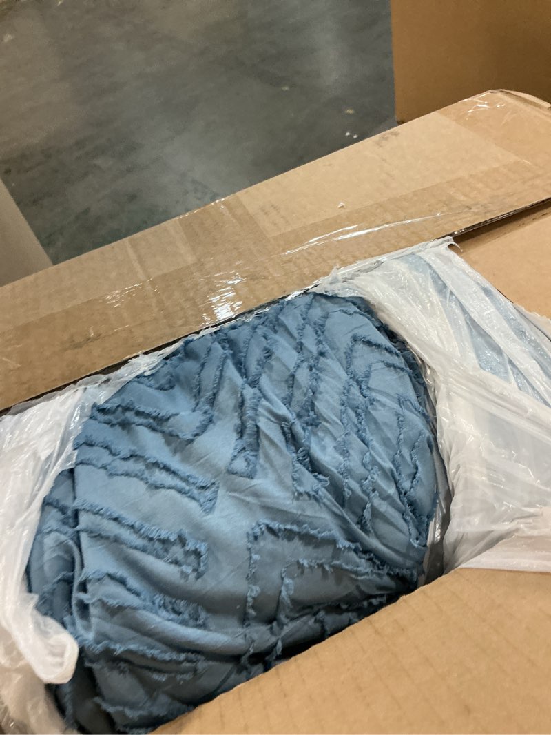 Condition photo showing As Is for litanika grayish blue super king size comforter set, 3 pieces tufted boho farmhouse bedding comforter sets, lightweight fluffy comforter bed set for all season (120x120in comforter and 2 pillowcases) 07-grayish blue super king (120"x120")