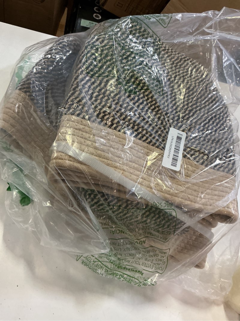 Condition photo showing Good Condition for 4 pack storage baskets for organizing, woven baskets for shelves - perfect for toys, books, towels, and clothes, durable gift basket bins toy storage, 12.7''l x9''w x7.8''h, black and brown brown & black small/12.7''lx9''wx7.8''h
