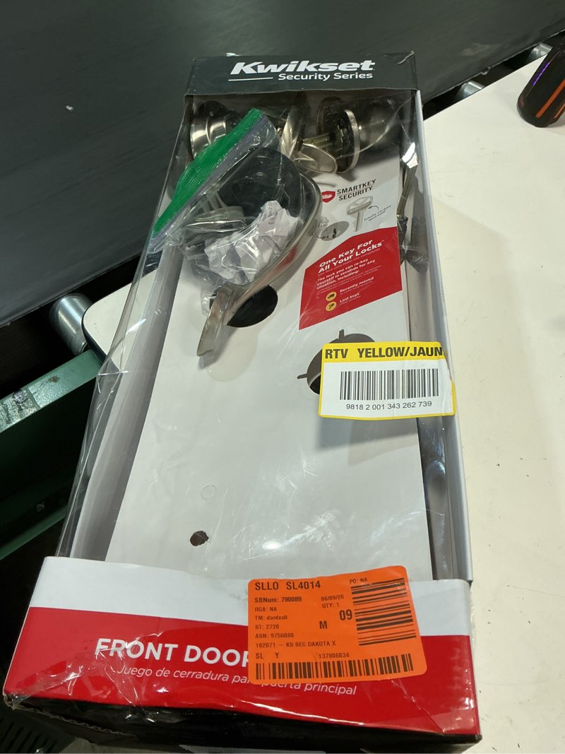 Condition photo showing As Is for kwikset smartkey dakota/polo satin nickel entry handleset kw1 1-3/4 in.