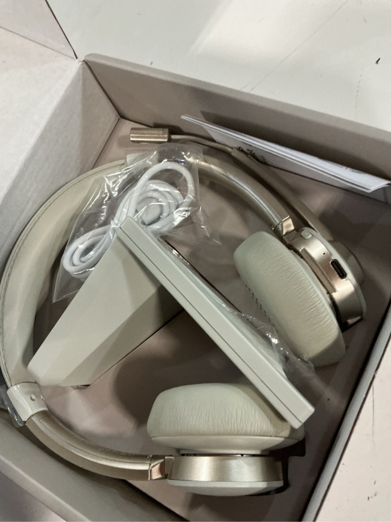 Condition photo showing Good Condition for wireless headset with microphone, bluetooth headset with mic ai noise canceling & usb dongle, wireless headphones with mic mute & charge dock for work pc computer phone office teams call champagne gold & white