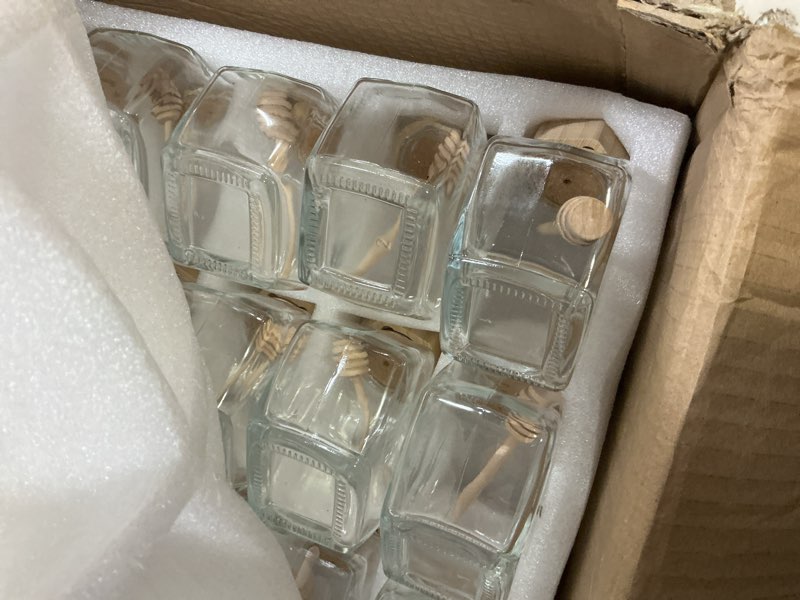 Condition photo showing New/Like New for Sunnyray 8 Pcs 220 ml Glass Honey Jars with Dipper Hexagonal Clear Glass Dispenser Small Honey Containers Bottle with Wooden Dipper and Cork Lid for Home Storage Kitchen