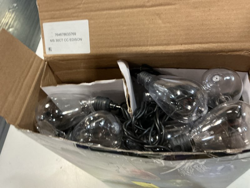 Condition photo showing As Is for mainstays 30-count color-changing led plastic edison outdoor string lights with 4 lighting functions