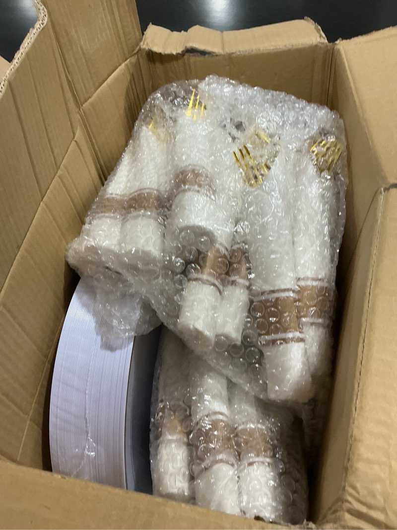 Condition photo showing As Is for m mcirco 350 piece gold dinnerware set,100 plastic plates, 50 cups,50 pre rolled napkins with plastic silverware, disposable gold dinnerware set for 50 guest