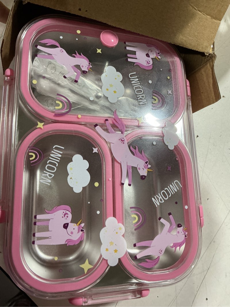 Condition photo showing Good Condition for microwavable 304 stainless steel bento box with utensils, metal lunch container with 3 compartments, leak proof lunch box, portable concealed handle, bpa free, dishwasher safe [unicorn] pink [unicorn]
