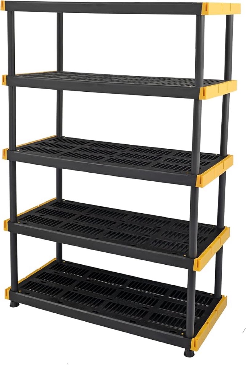 cx black & yellow, 5-tier heavy duty plastic storage shelves that support up to 200lbs/shelf, organization and storage, weather-resistant design, easy assembly (72”h x 48”w x 20”d