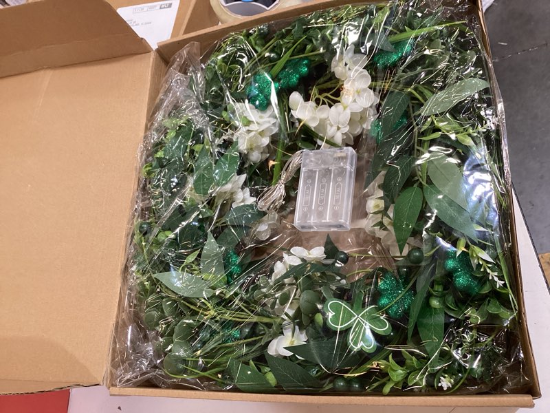 Condition photo showing Good Condition for 22" st patricks day wreaths for front door, green shamrock & white hydrangea artificial wreaths with led lights, spring holiday wreath for wall window porch home decor