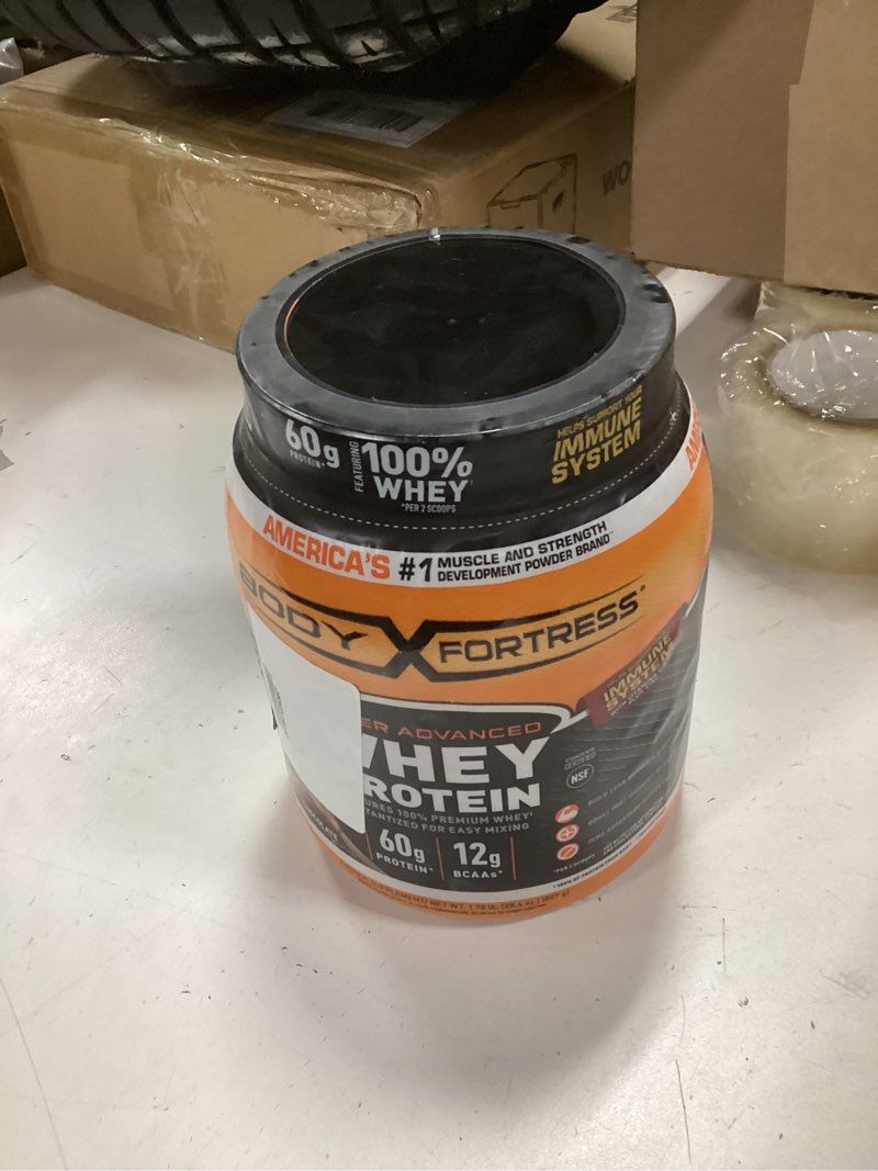 Condition photo showing New/Like New for ((BB:12/05/26))Body Fortress 100% Whey, Premium Protein Powder, Chocolate, 1.78lbs Chocolate 1.78 Pound (Pack of 1)