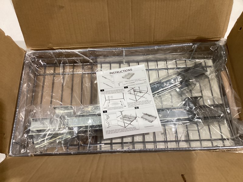 Condition photo showing As Is for Pull out Cabinet Organizer, 12"W X 21"D, Heavy Duty Smooth Sliding Under Cabinet Shelves for Pots and Pans, Full-Extension Roll out Drawers, Slide out Organization for Home Kitchen Pantry Chrome 12" W x 21" D (1-Tier)