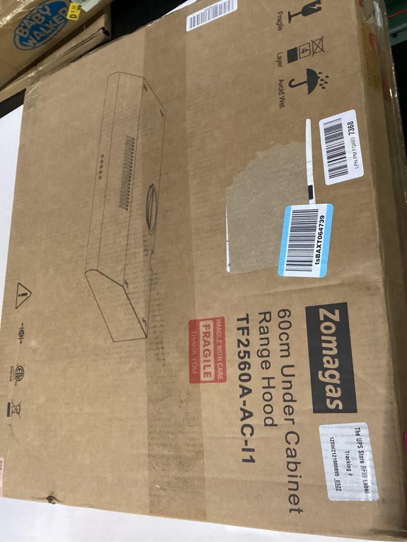 Condition photo showing Good Condition for 24 inch range hood under cabinet, stainless steel range hood 280cfm, slim kitchen stove hood w/push button, ducted/ductless convertible, 3 speeds exhaust fan, led light and carbon filter