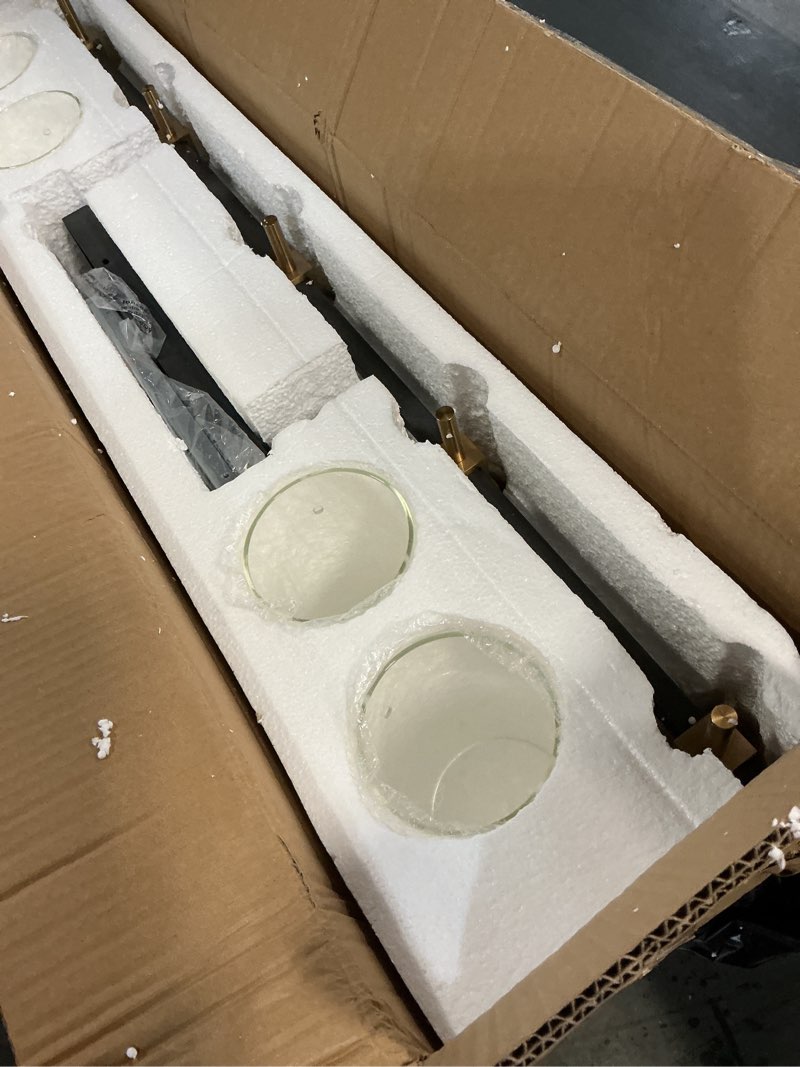 Condition photo showing New/Like New for SOLFART 40.1 inch Vintage Brass Bathroom Vanity Light fixtures Bathroom Wall Lights Over Mirror with Glass Shade 5 Light Black& Golden-Clear Globe 5 Lights