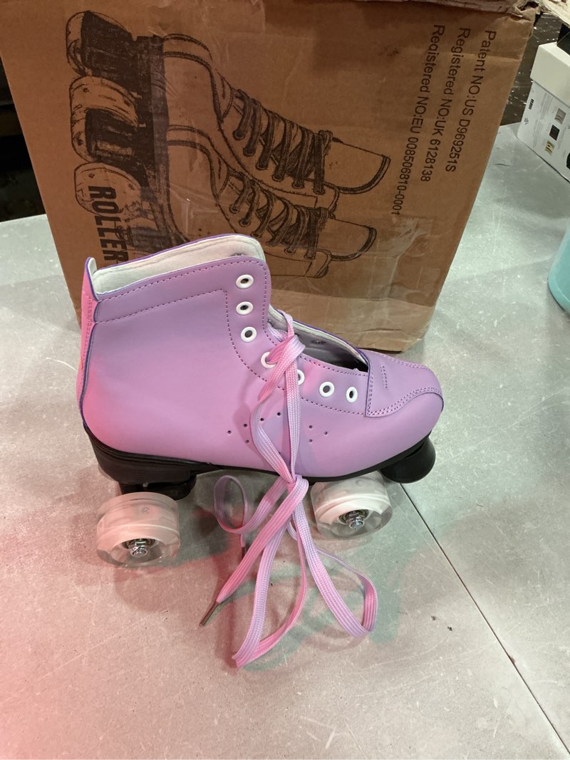 Condition photo showing Good Condition for women's roller skates light up wheels, adjustable double row roller skates outdoor shiny derby skates illuminating for teens and youth purple flash 37-9.25in-(women's 7 / men's 6)